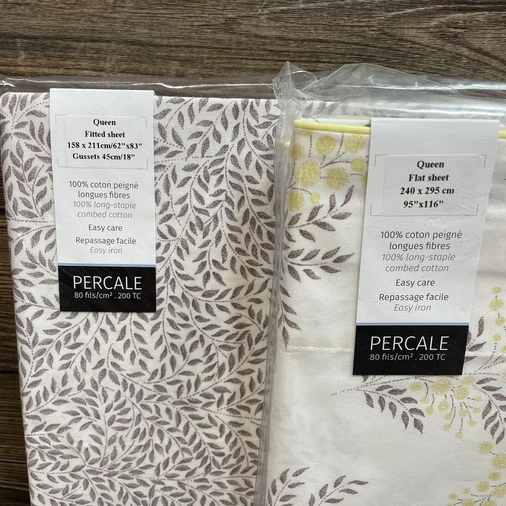 Anne de Solene Paris Mimosa Queen Fitted & Flat Sheet Percale 100% Combed Cotton